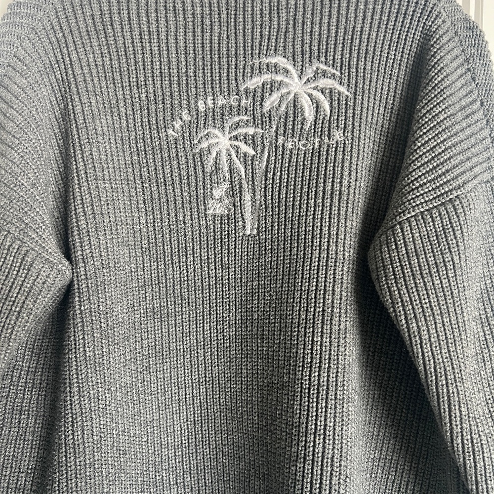 Life Is Good Gray Ribbed Cardigan – “The Beach People” Palm Embroidery